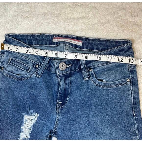 Standards and Practices Distressed Holey Bell Bottom Flare Blue Jeans - Picture 8 of 11